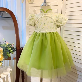 Tatlı Yaz Kız Prenses Elbise Moda Çocuk Çocuklar Bebek Boncuklu Kısa Kollu Flora Örgü Qipao Elbiseler Vestidos ADK2608
