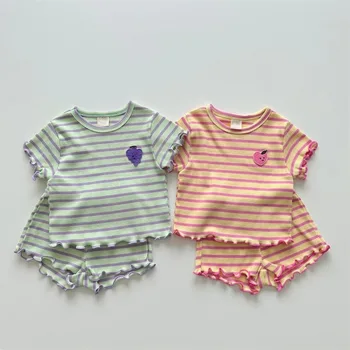 2023 Yaz Yenidoğan Çizgili Giyim Setleri Bebek Kız Erkek Pamuk Meyve Üzüm Şeftali Mantar Kollu T Gömlek + şort 2 adet Sevimli Kıyafetler