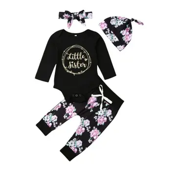 Citgeett Siyah Yenidoğan Bebek Küçük Kardeş Kız Giysileri Romper + Pantolon Baskı Tayt 4 Adet Sonbahar Güz Giysi