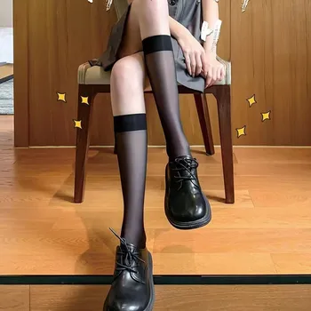 Kadınlar Seksi Şeffaf Çorap diz üstü çorap Yumuşak Naylon Elastik Fishnet Kız Lolita Sevimli Moda Uzun Bacak Çorap Siyah