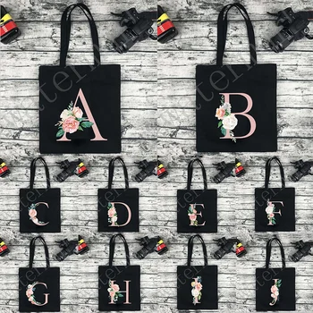 26 Mektuplar Baskı Kadınlar Sevimli Çanta Kanvas Çanta Büyük Kapasiteli Seyahat Çantası Pembe Çiçek Altın Taşınabilir Omuz Alışveriş Çantası