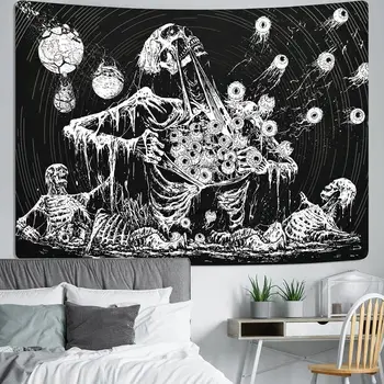 Gotik Kafatası Goblen Psychedelic Hippi Mantar Goblen Siyah ve Beyaz Duvar dekor sanatı Estetik Ev Dekoratif Halılar