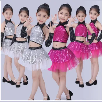 Çocuk Pullu Caz Dans Modern dans kostümü Moda Latin Vals Dans Elbise Sahne Gösterisi Elbiseler Caz Kostümleri Kız İçin