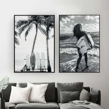 Siyah Beyaz Kız Sörf Plaj Palmiye Ağacı duvar sanatı tuval yağlıboya İskandinav Posterler Ve Baskılar Duvar Resimleri Için Oturma Odası Dekor