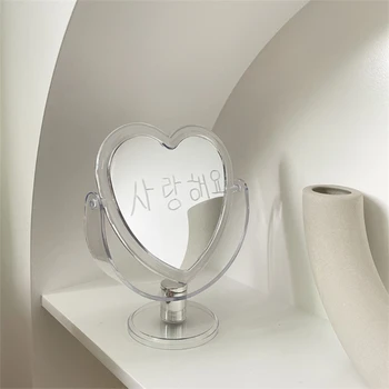Çift Taraflı Akrilik Masa Ayna Aşk Kalp Şekli Makyaj Kozmetik Ayna Şeffaf Taban ile Masaüstü Süs Ev Yatak için